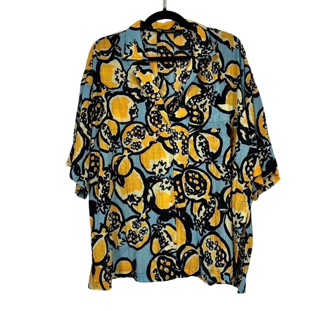 Zara Yellow Blue Short Sleeve Button Down Shirt Womens S Oversized Casual Lemon